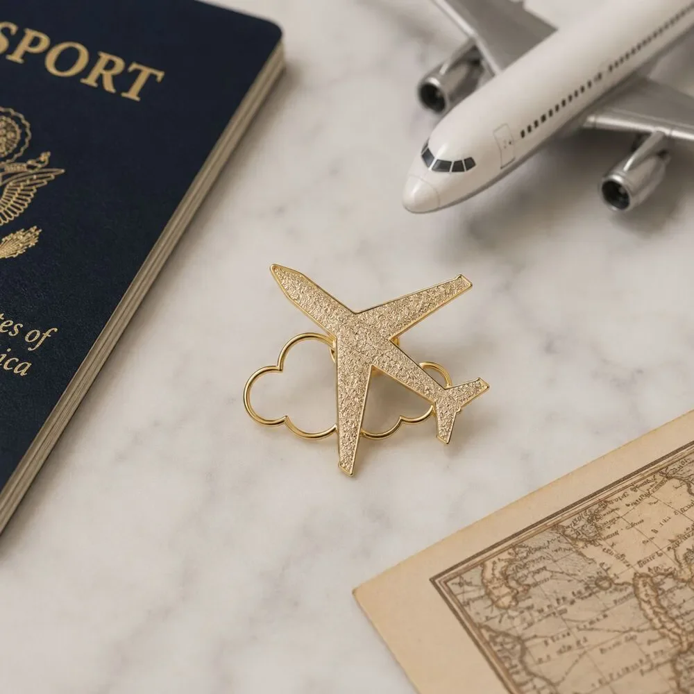 Gold Tone Airplane & Cloud Lapel Pin Brooch Travel Aviation Jewelry 1.5